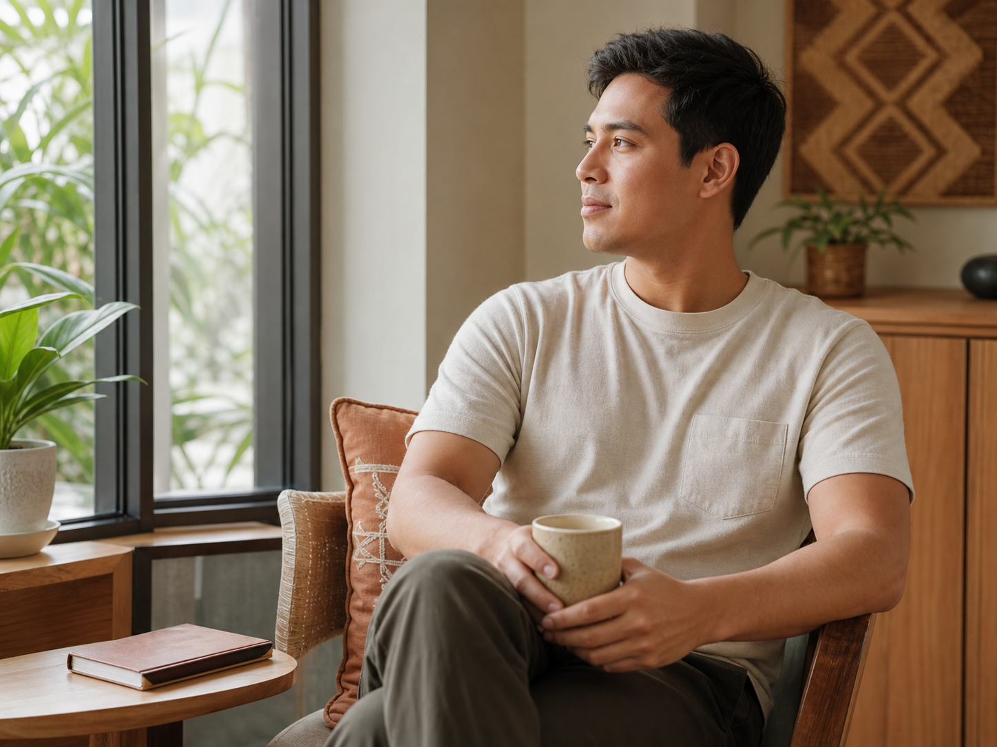 A Sabahan adult enjoying a quiet reflective moment at home