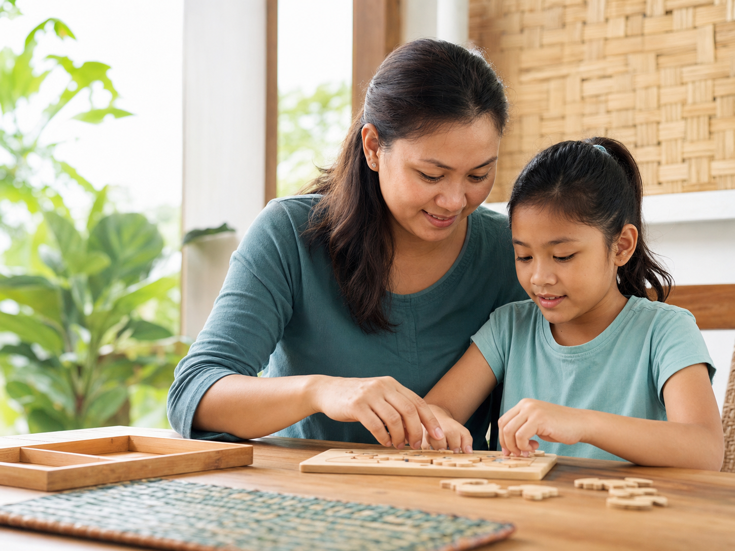 A Sabahan parent and child enjoying a calm activity together