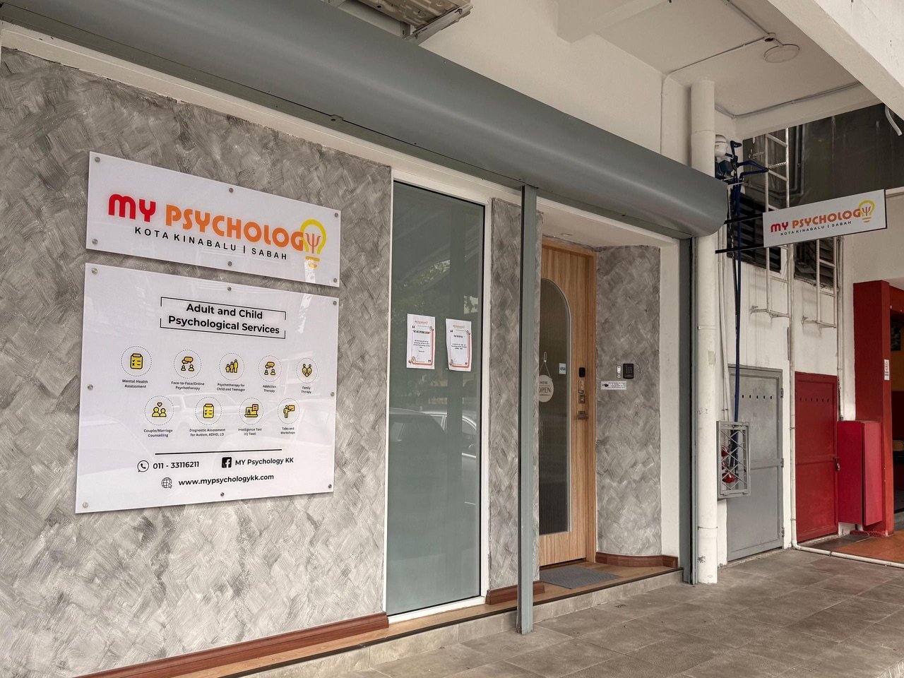 MY Psychology KK storefront and ground-floor entrance at Hong Tong Commercial Centre, Penampang